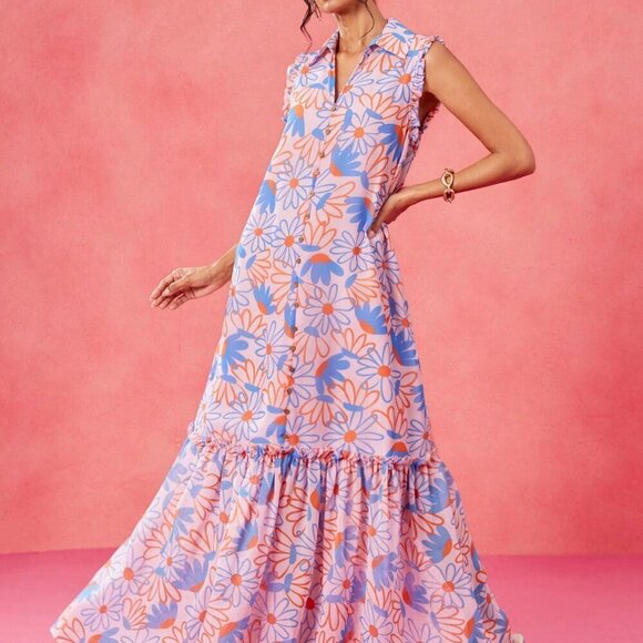 Multicolor Boho Women's Chiffon Floral Print Ruffle Hem Sleeveless Sun Dress - Picture 1 of 8